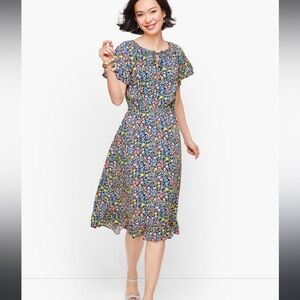 Talbots Gathered Tie Neck Floral Dress